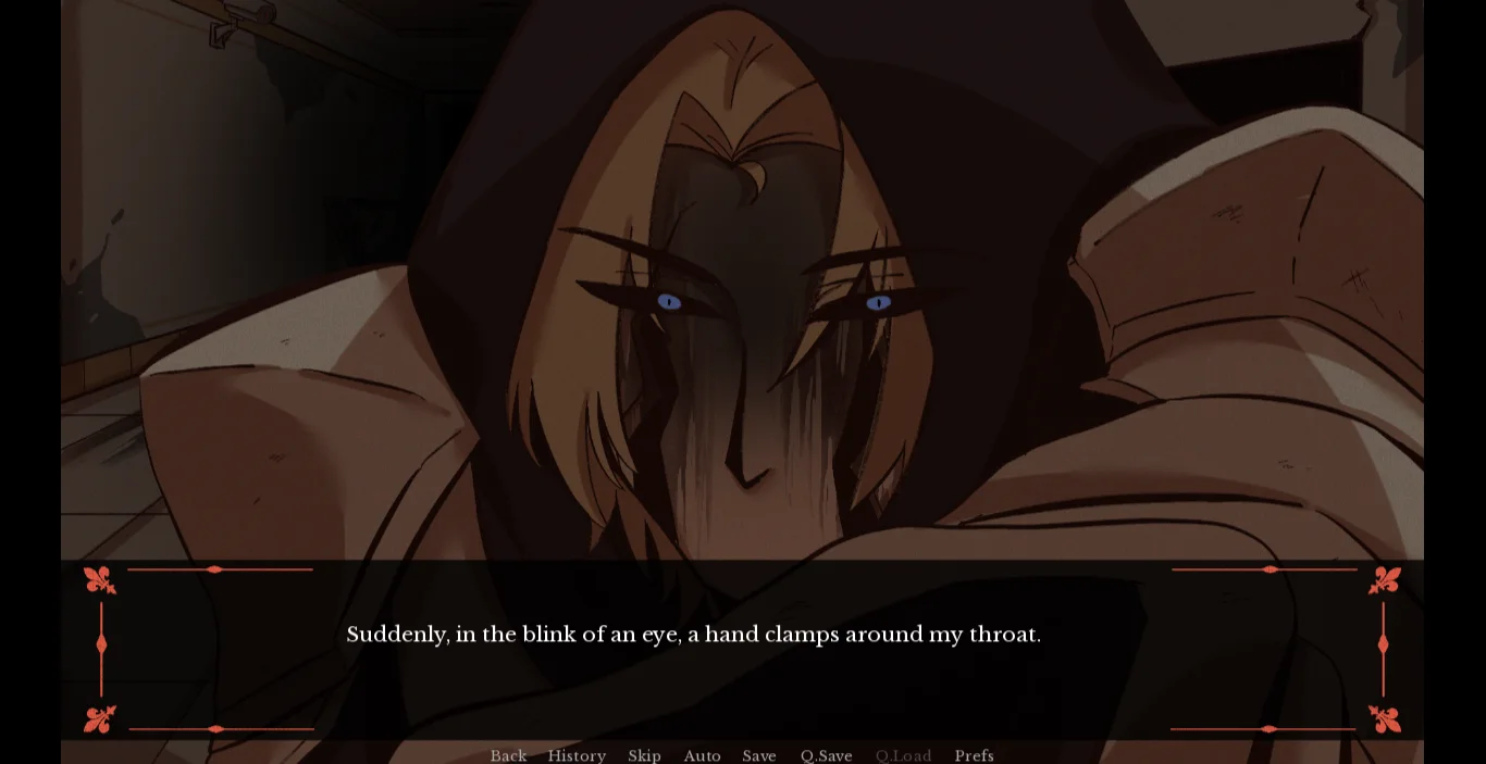 A hooded puppet with blue eyes appearing suddenly