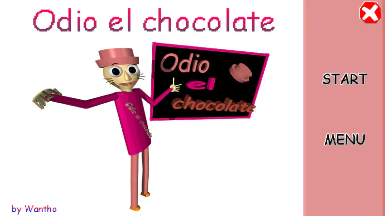 Odio el chocolate title screen with a pink character and Start and Menu options