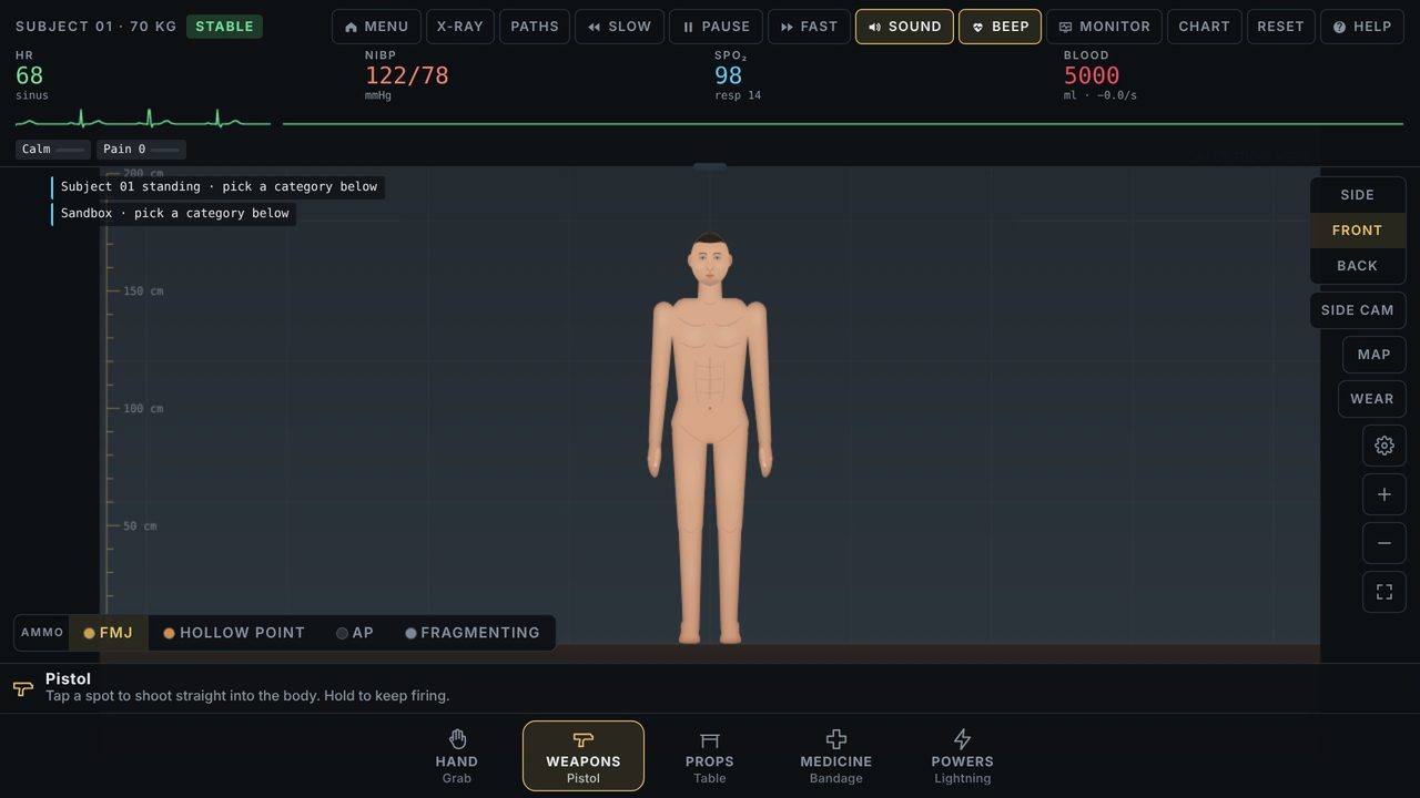 Trauma Lab subject standing in a stable state with heart rate 68 and blood pressure 122/78