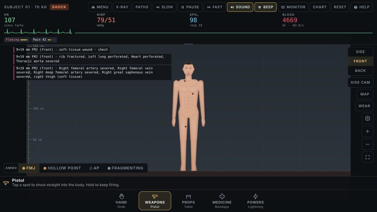 Trauma Lab subject in shock with a wound log listing severed arteries and organs