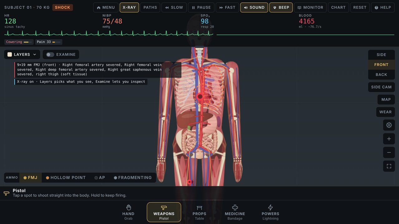 Trauma Lab X-ray mode showing skeleton, organs and blood vessels under the skin