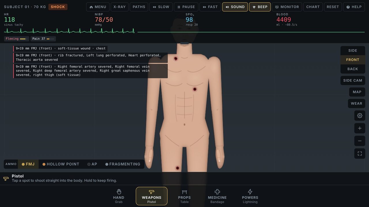 Trauma Lab body with multiple wounds and the wound log running a list of injuries